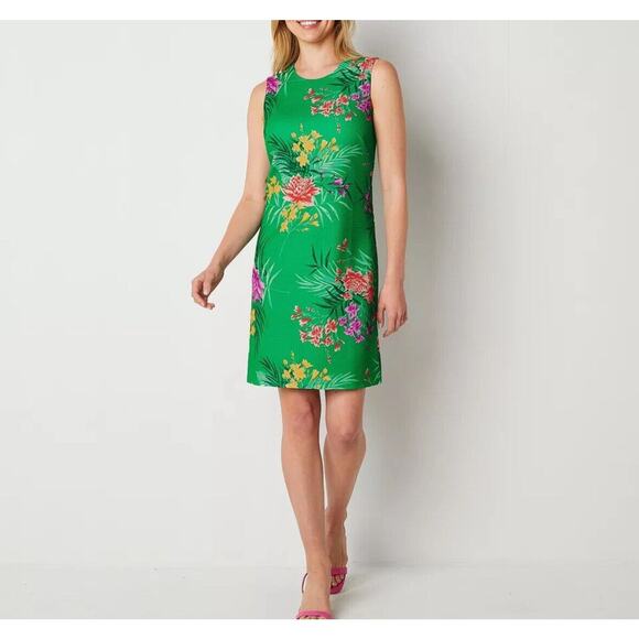 NWT Jessica Howard Green Floral Print Sleeveless Sheath Dress Size 14 NEW - Picture 1 of 8